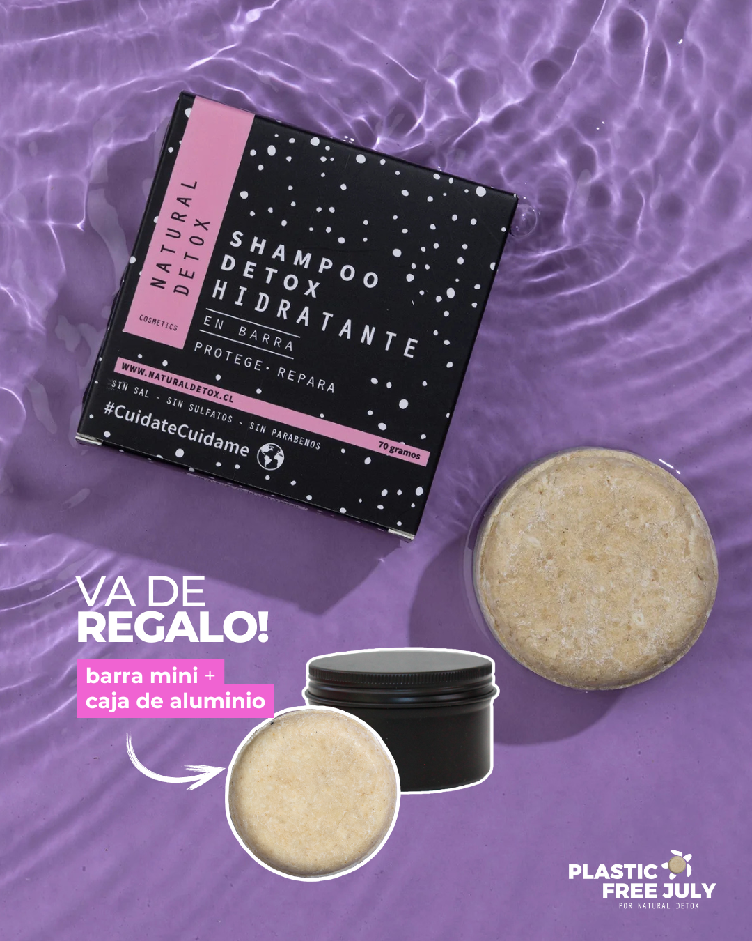 Shampoo Natural Detox para Caspa Seca o Psoriasis + Mini Barra Detox y Caja Reutilizable de REGALO