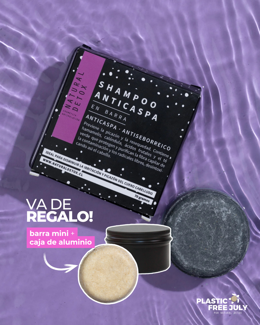 Shampoo Anticaspa en Barra 70 gr + Mini Barra Detox y Caja Reutilizable de REGALO | Para caspa grasa, picazón y equilibrio | -83% Caspa