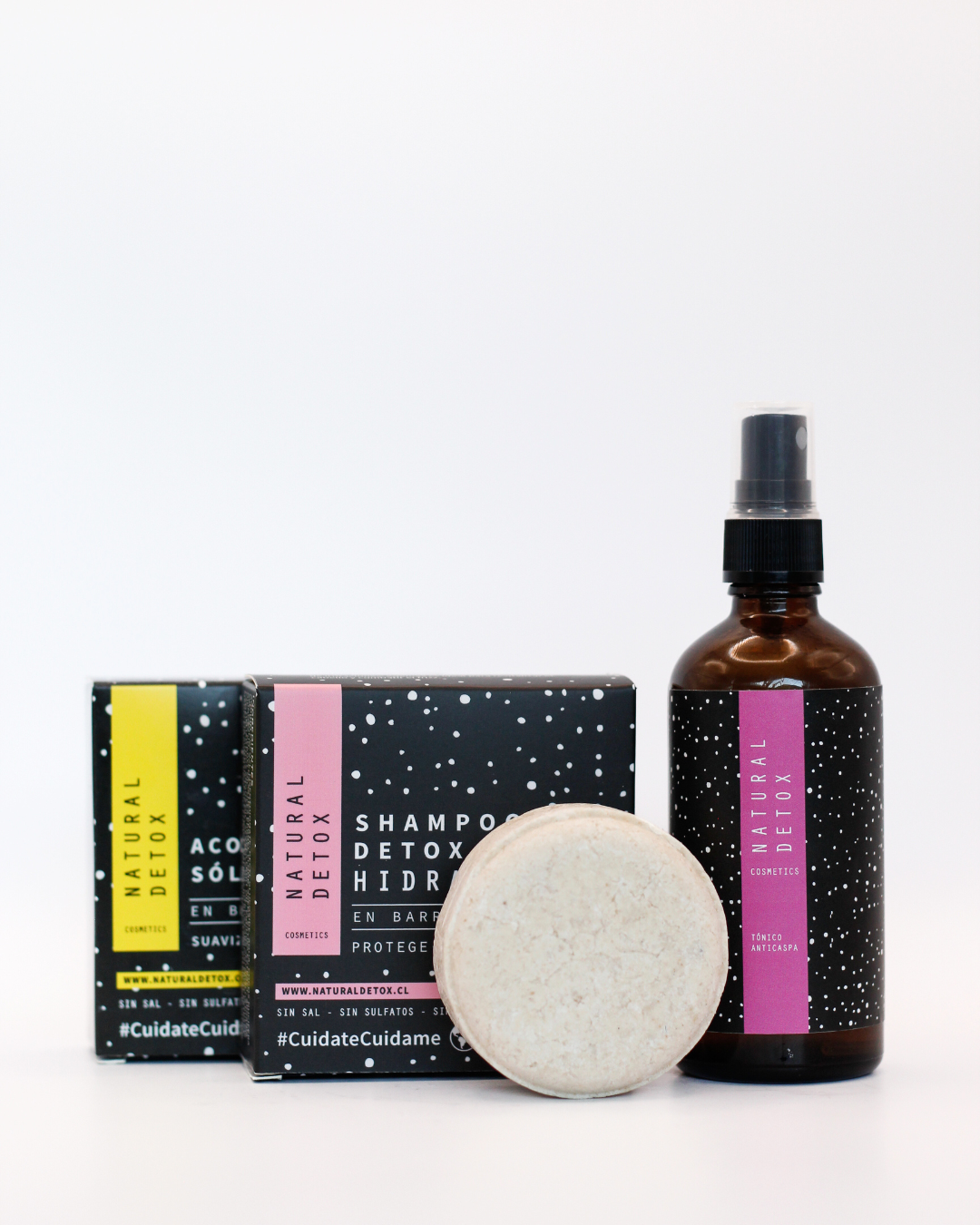 Pack Completo Caspa Seca o Psoriasis: Shampoo Detox Hidratante en barra 70 gr + Acondicionador en barra 70 gr + Tónico Anticaspa 100 ml | Para cabellos con caspa seca, picazón o irritación
