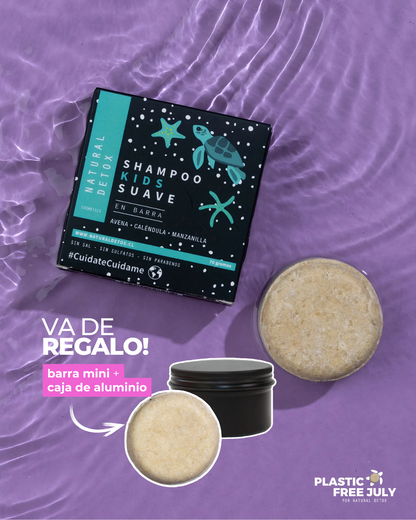 Shampoo en barra para niños con cuero cabelludo sensible o seco + Mini Barra Detox y Caja Reutilizable de REGALO | Calma, Desinflama e Hidrata